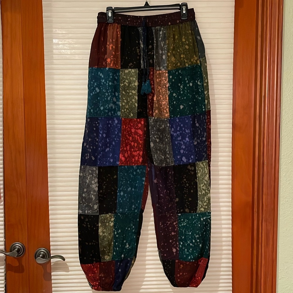 Patchwork joggers, size L/XL with front pockets handmade in Nepal
